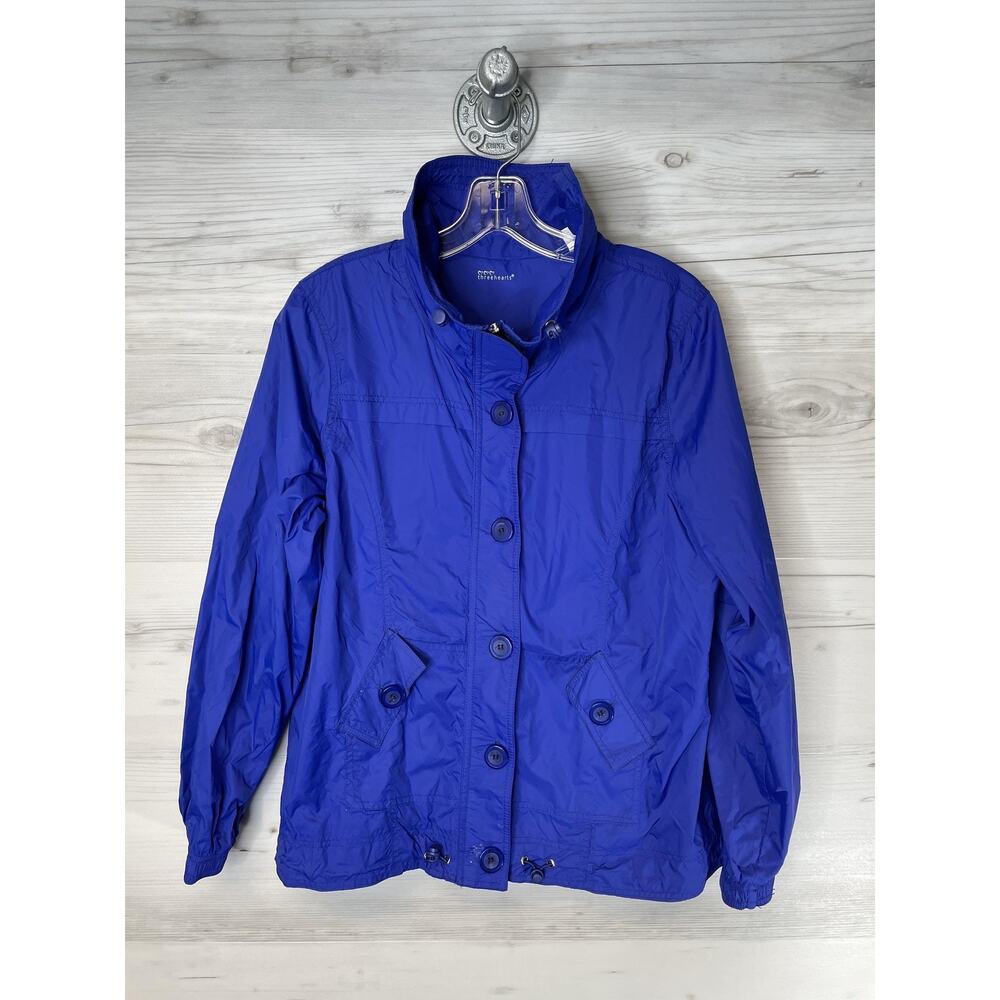 Threehearts Jacket Womens Medium Blue‎ Nylon Windbreaker Button Zip Drawstring